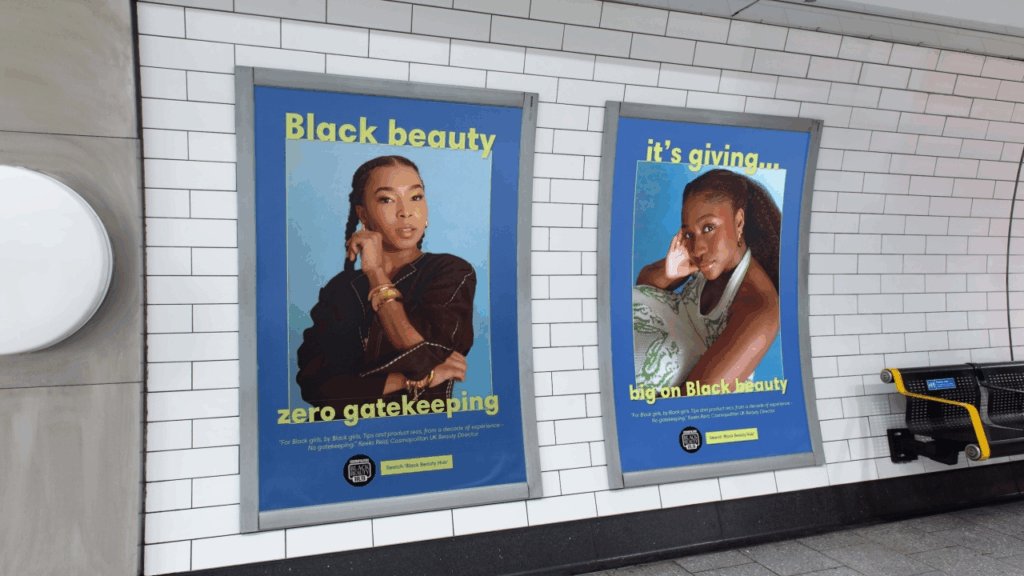 A billboard advertising Cosmopolitan UK’s ‘Black Beauty Hub’.